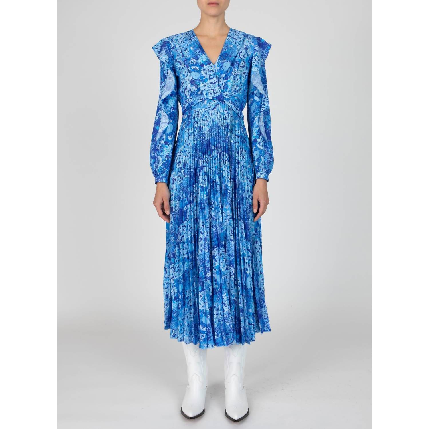 New Derek Lam 10 Crosby Chrishelle V-Neck Ruffle Dress In Navy Multi
